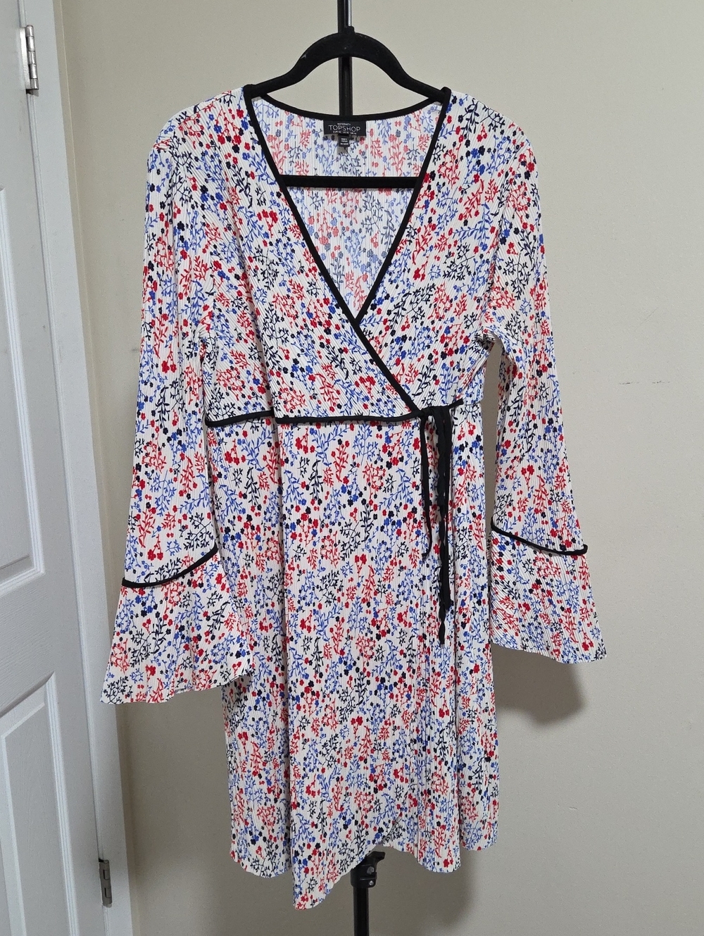 Topshop White Floral Wrap Dress with Red & Blue Accents